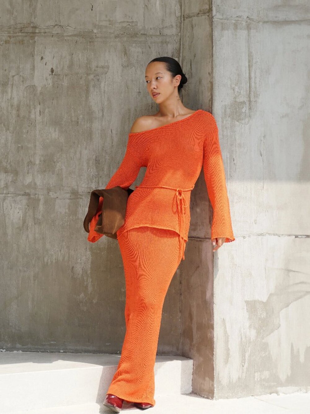 MESHKI Reagan Orange Knit Fishtail Maxi Skirt, Size S